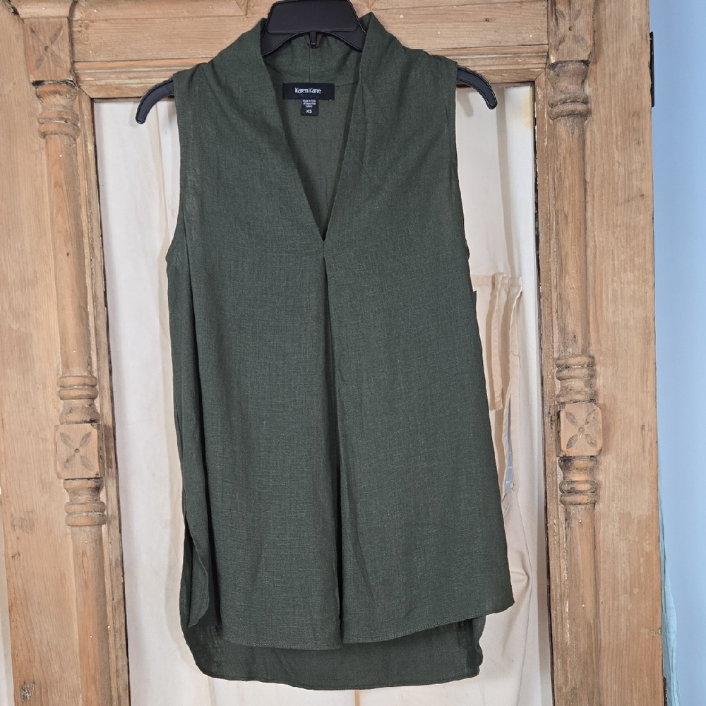 Karen Kane Olive Green Sleeveless Asymmetrical Linen Blend  Blouse Size X-Small